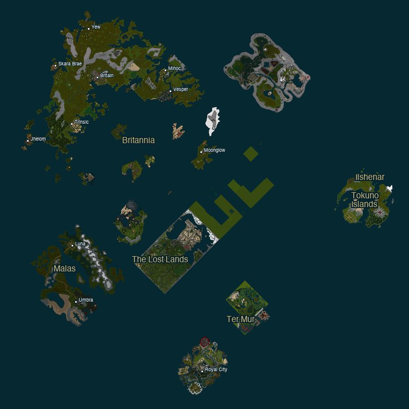 World Map of UO Mobile Classic — Britannia, Ilshenar, Malas, Tokuno, Ter Mur — all connected by open water